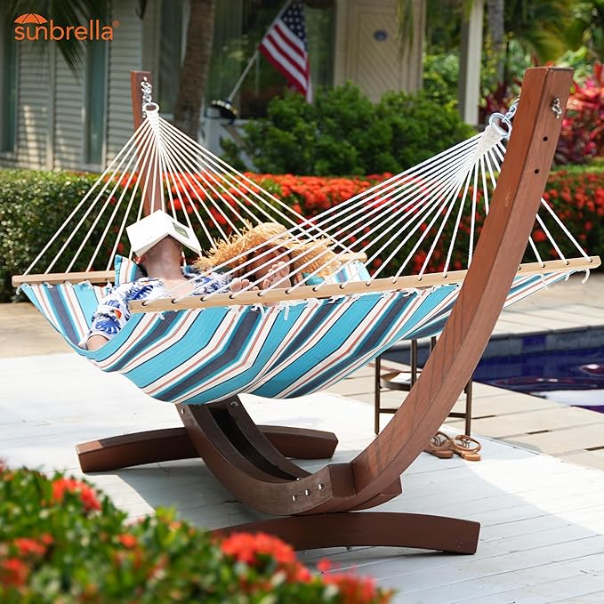 Lazy Daze 12 FT Sunbrella Fabric Hammock not Fading with Spreader Bars and Free Pillow Fits for Two Persons, All Weather and Fade Resistant for Patio Yard, 450 lbs Weight Capacity, Token Surfside
