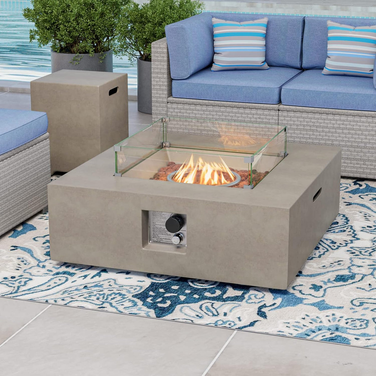 COSIEST 35-inch Square Outdoor Sandstone Propane Fire Pit w Wind Guard and Side Table, CSA Certified, 50,000 BTU Stainless Steel Burner, Free Lava Rocks and Rain Cover, Metal Lid(Gray)