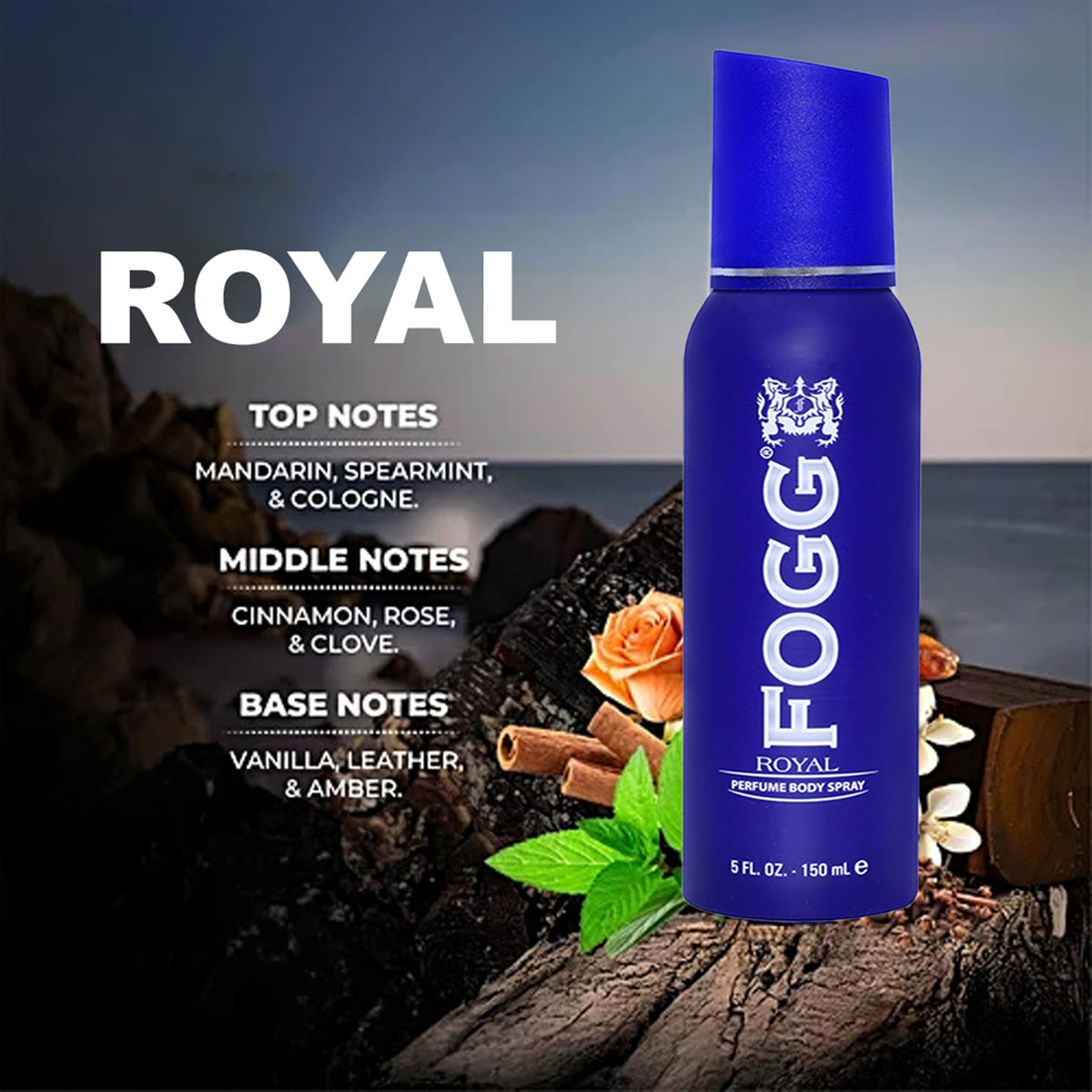 Royal by Fogg - Mens Body Spray - Fresh Floral Woody Perfume-Based Body Mist - Opens with Citrus Floral Notes of Bergamot, Mandarin, Lavender - 5 oz