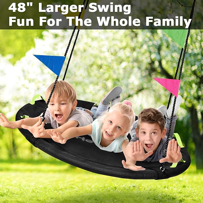 48 inch Tree Swing, Larger Saucer Flying Swing for Whole Family, 900lbs Weight Capacity, with Adjustable Hanging Straps, for Outdoor Backyard, Gifts for Kids, Black