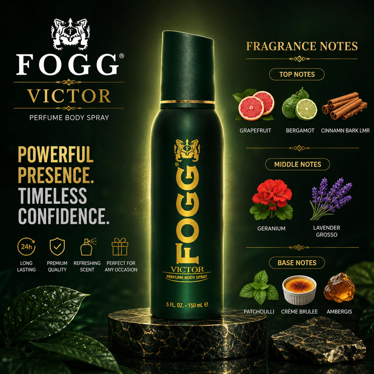 Victor by Fogg - Mens Body Spray - Fresh Spicy Woody Fragrance Body Spray - Top Notes of Grapefruit, Bergamot, Patchouli, and Cinnamon - 5 oz