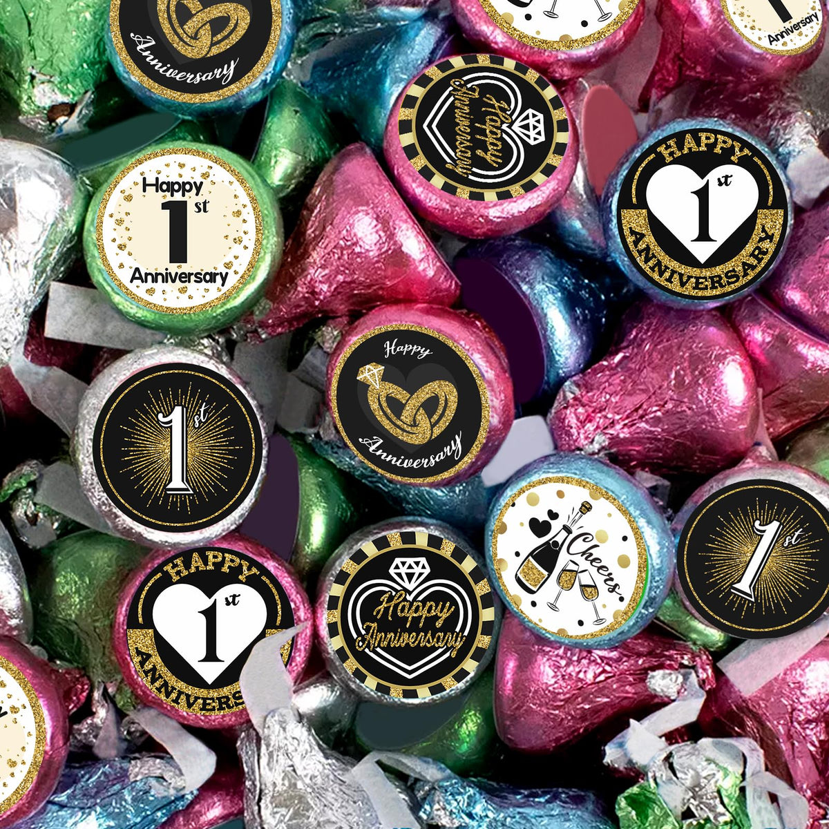 Black and Gold 1st Anniversary Kisses Stickers, 180 Count 0.75" Round Candy Labels, Chocolate Favor Stickers for 1st Wedding Anniversary Party