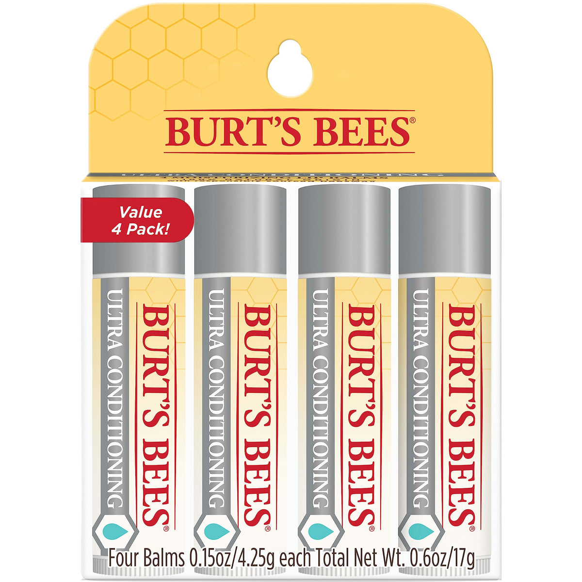 Burt's Bees Lip Balm, Moisturizing Lip Care, 0.15 oz., 4 Tubes