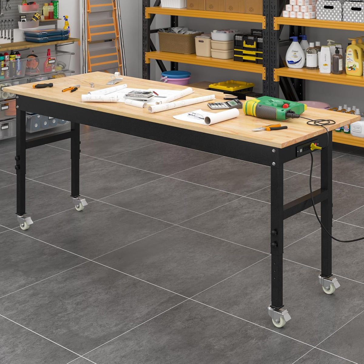 70'' Adjustable Workbench, Rubber Wood Top Work Bench Heavy-Duty Work Table with Socket, Wheels and Fixed Legs 2000 LBS Load Capacity Hardwood Sewing Table for Garage, Workshop, Home, Office