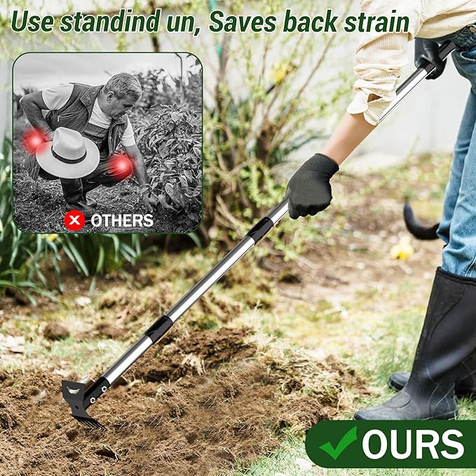 Long Handle Weed Puller Tool – 2-in-1 Handle Garden Hoe and Weed Rake, Hoe Garden Tool for Home Gardens, Lawns, and Yards