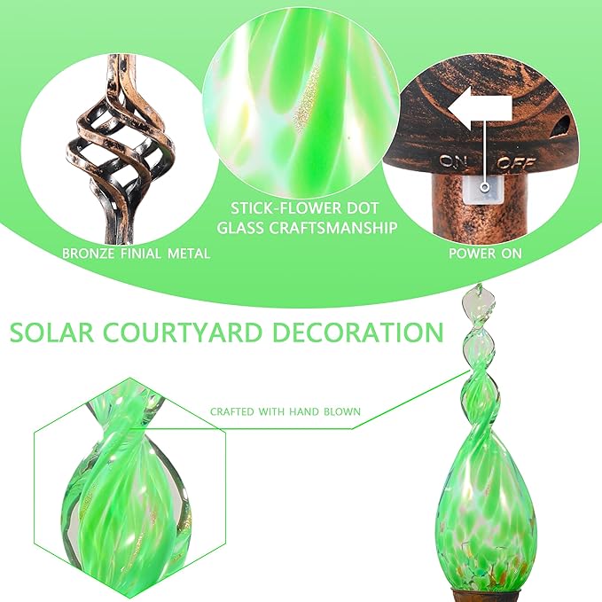 Solar Garden Lights, Decorative LED Flame Garden Stakes, Hand Blown Glass and Outdoor Waterproof Glass Stakes (Green)