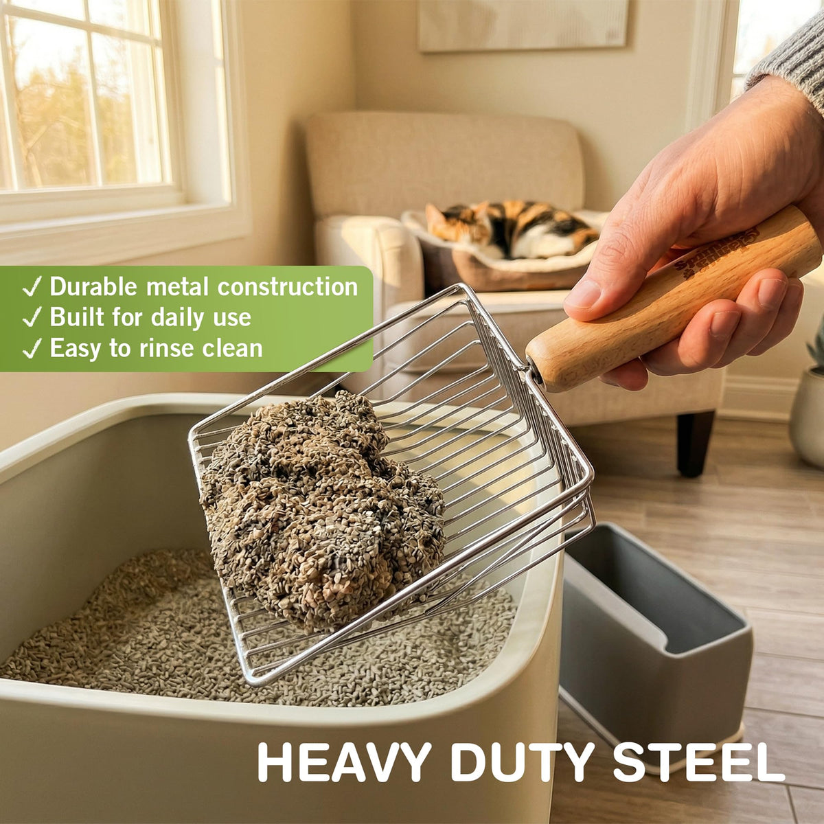Cat Litter Scoop, Metal Litter Scooper – 5X Faster No-Shake Sifting Design, Stainless Steel Litter Scoop with Holder, Reduces Dust & Waste – Sprinkle & Sweep
