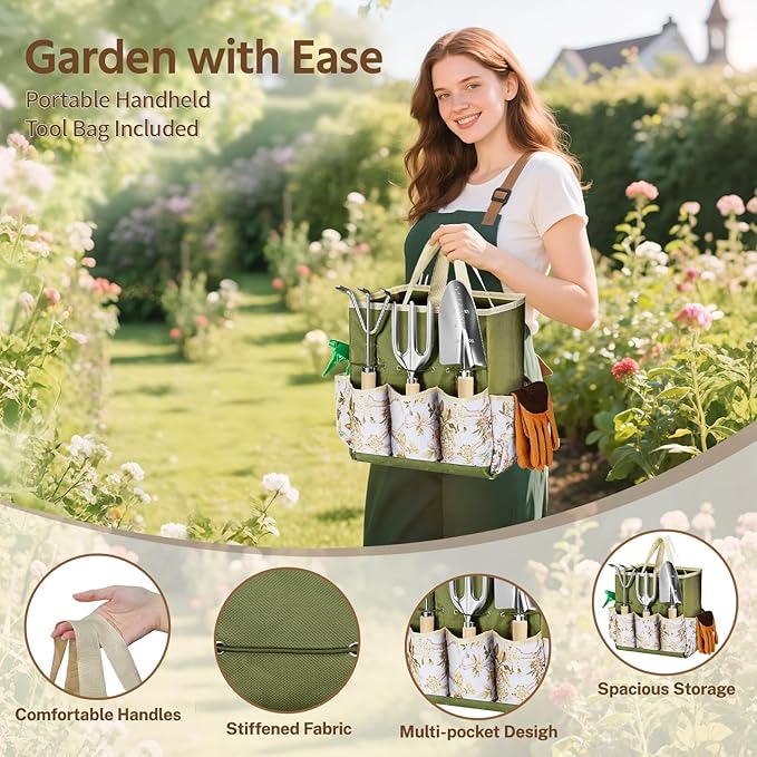 LASZOLA 9 Pcs Garden Tools Set with Tote Bag and Hand Trowel Rake Shovel, Heavy Duty Stainless Steel Gardening Kit for Outdoor Plant, Standable Portable Handbag Organizer, Ideal for Women Mom, Green