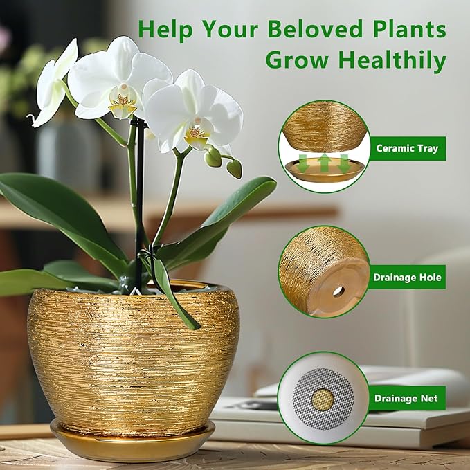 Ceramic Planter 10 Inch - Indoor Plant Pot with Drainage Hole and Saucer Large Decorative Planter Mid-Century Modern Flower Pot Outdoor for Home Decor Gold