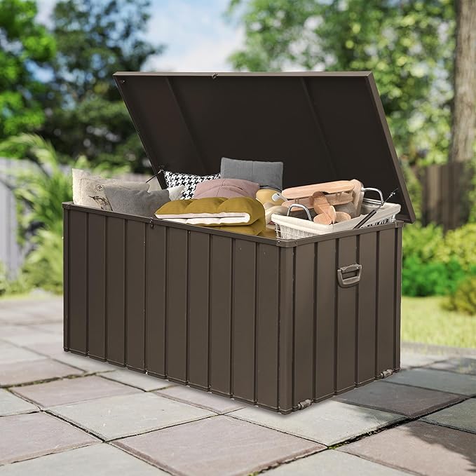 Domi Deck Box 190 Gallon, Waterproof Lockable Steel Outdoor Storage Container for Outside Cushions, Garden Tools and Pools Equipment, Brown