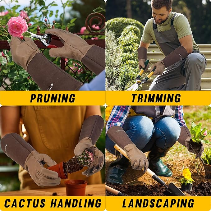 HANDLANDY Long Gardening Gloves for Men & Women, Cowhide Leather Rose Pruning Gloves- Breathable & Durable Gauntlet Glove (Small, Brown)