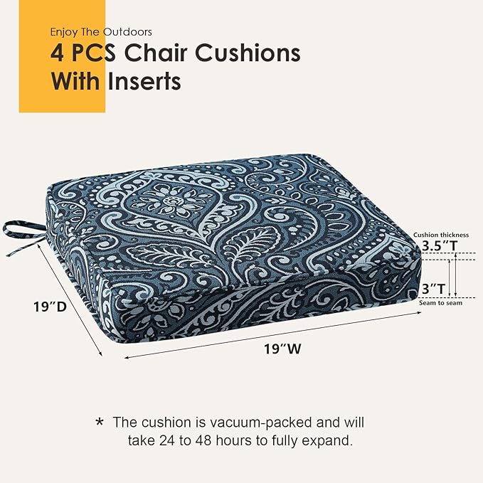 Outdoor Square Corner Seat Cushion, 19"x19"x3", Set of 4, Non Slip Seat Cushion Pads with Removable Cover for Patio Furniture, Garden Yard Lawn, Damask Vine