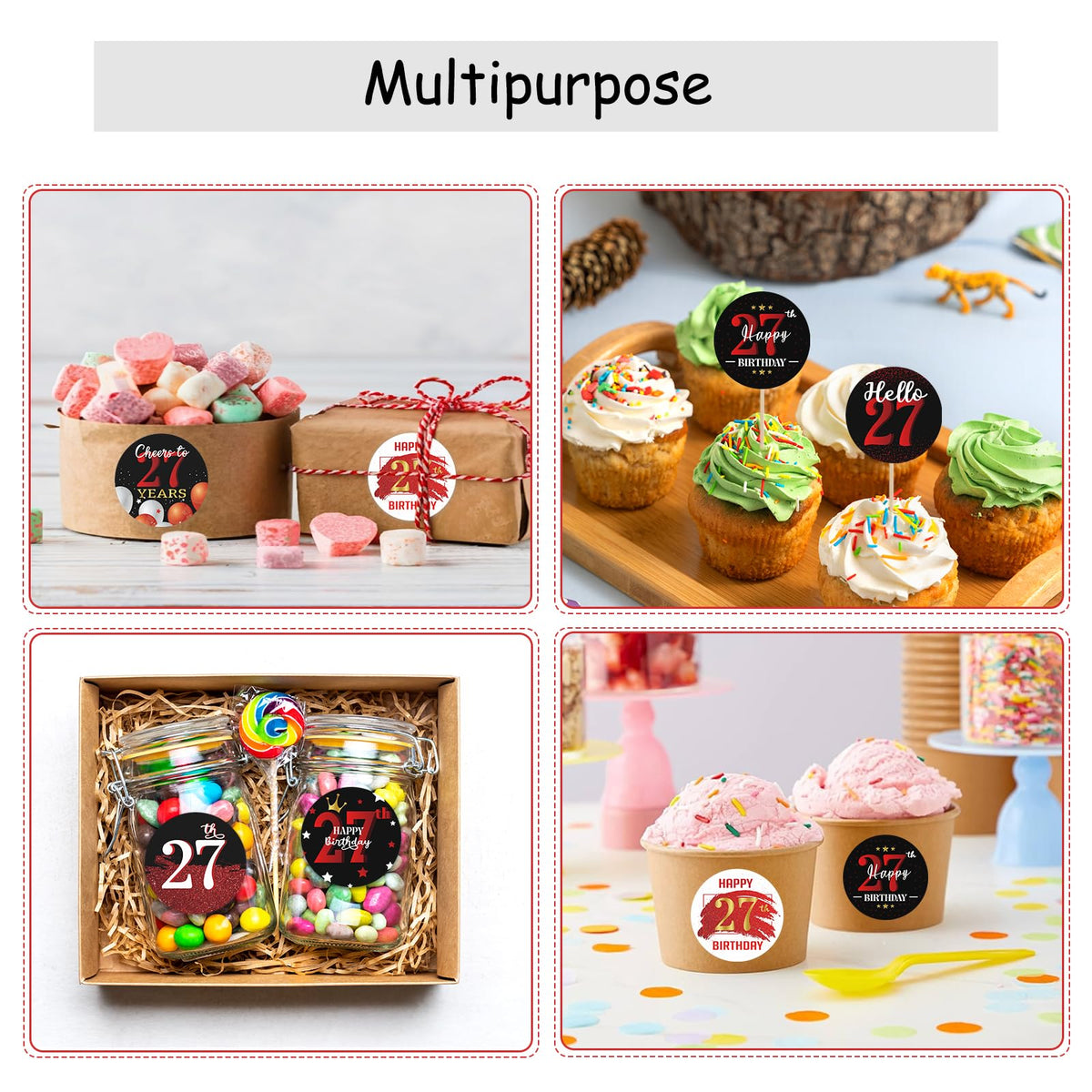 Happy 27th Birthday Party Favor Labels Chocolate Candy Stickers - Twenty Seven Years Old Birthday Round Candy Sticker Party Favors - Black and Red
