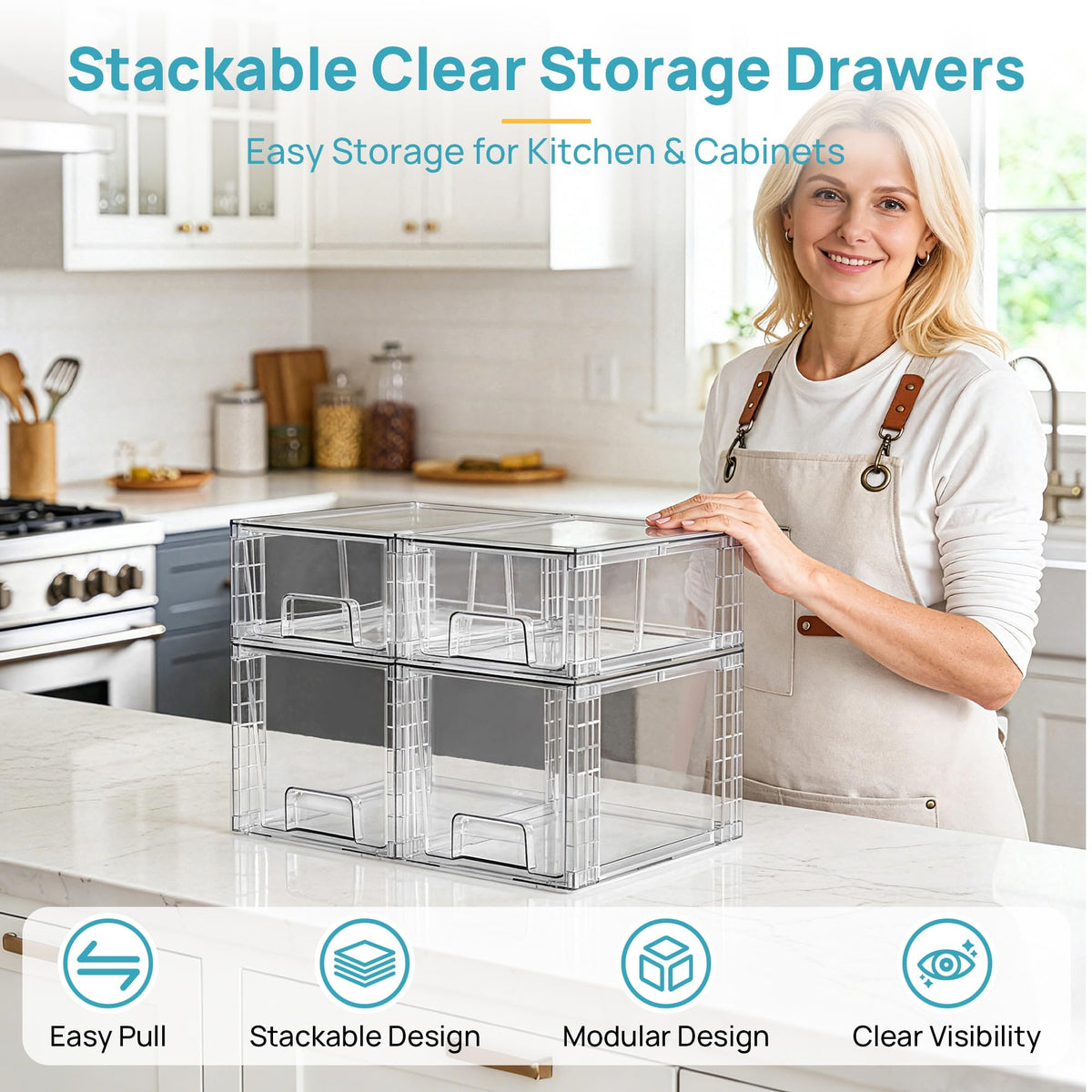 Vtopmart Clear Stackable Storage Drawers, 4 Pack Kitchen Cabinet Set