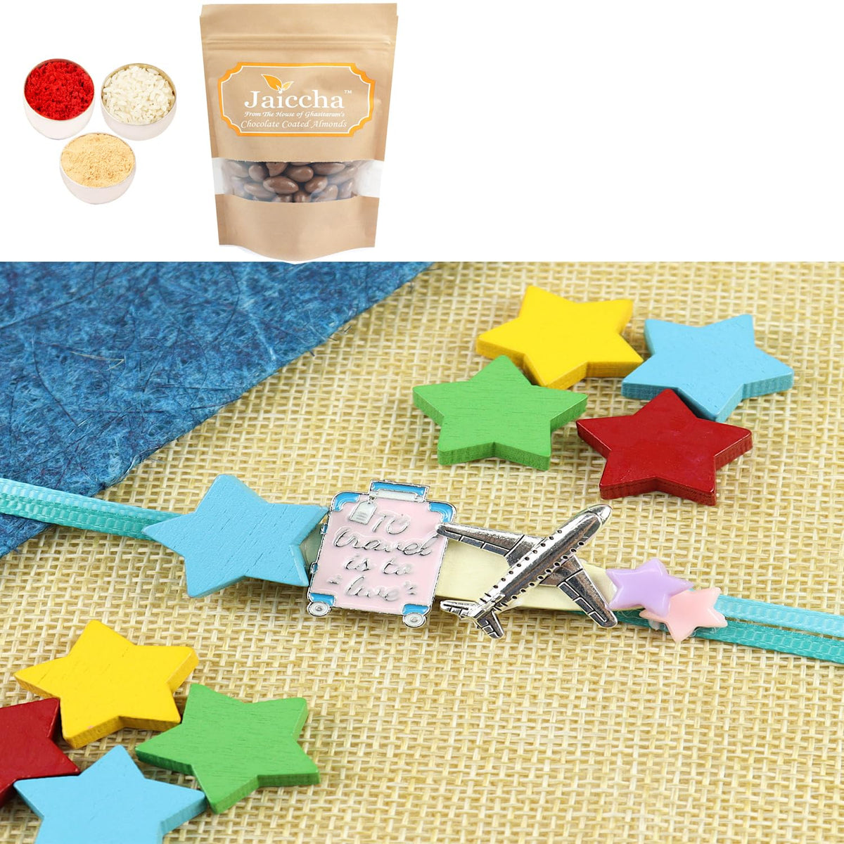Ghasitaram Gifts Rakhis Gifts for Brothers Rakhis Online - KR25-103- Metal Aeroplane Kids Rakhi with Chocolate Coated Almonds 200 GMS