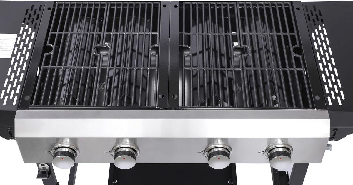 4-Burner Propane Gas BBQ Grill with SS Plancha, 38,200 BTU Output, Wire Enamel Cooking Grids, Foldable Side Table and Hanging Basket, Heavy-Duty Stainless Steel Grill