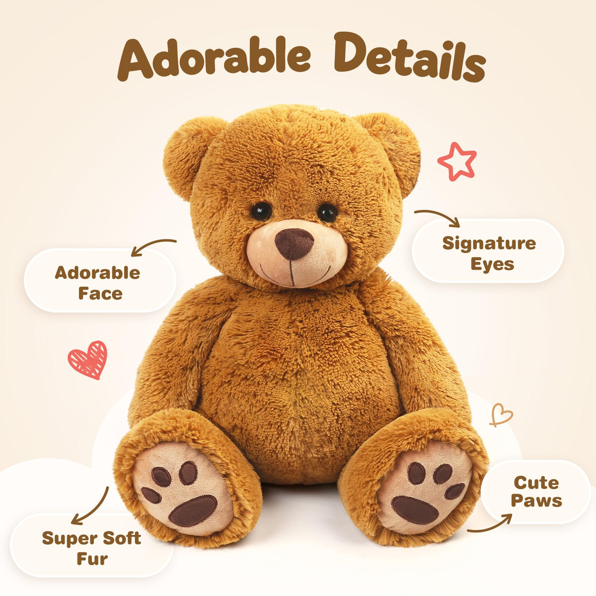 LotFancy Teddy Bear Stuffed Animals, 20 inch Soft Plush Toy, Brown