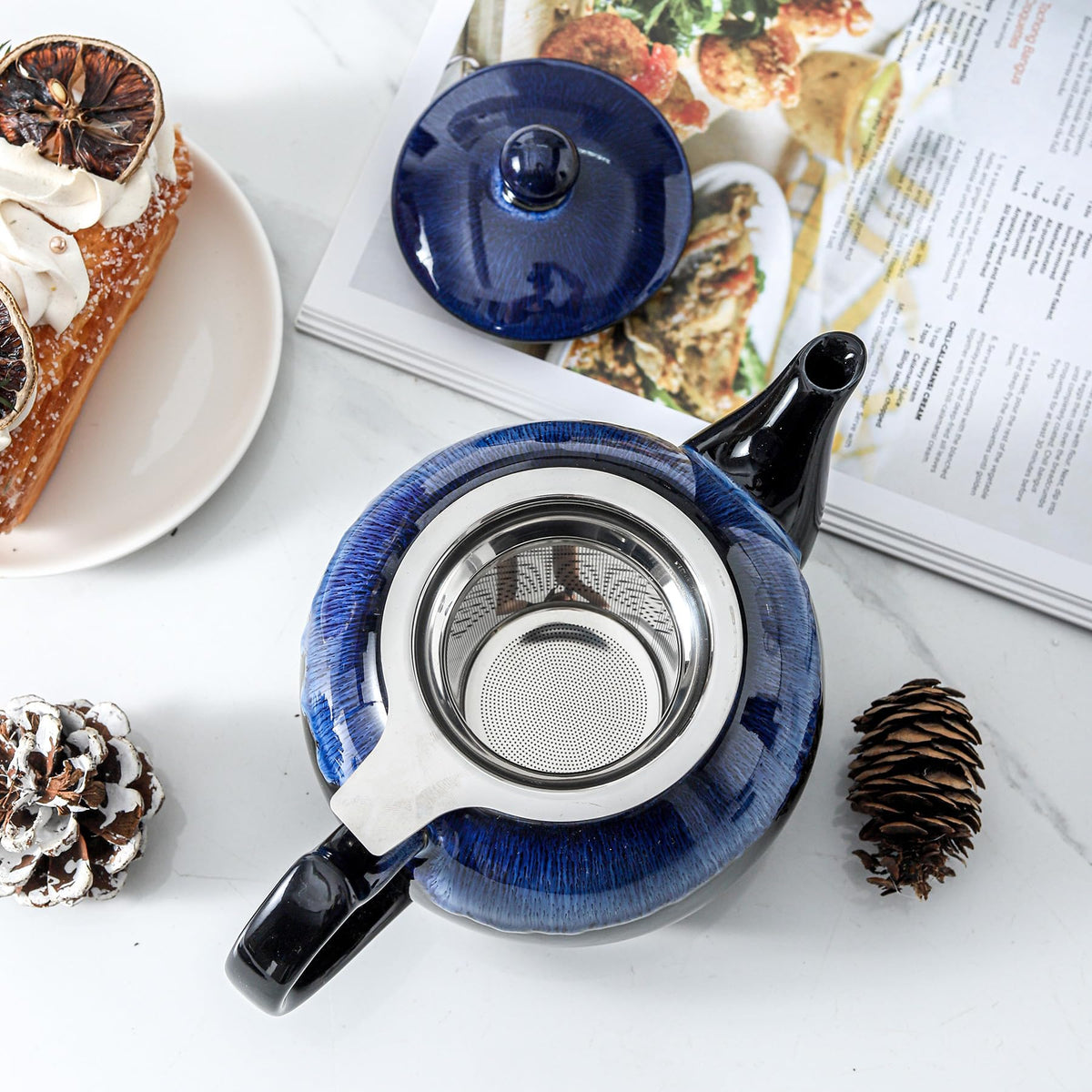 KOOV Tea Pot with Infuser for Loose Tea, 34OZ Ceramic Teapot with Infuser, Enough For 6 Cups, Tea Pots with Tea Strainers for Tea Party, Reactive Glaze (Nebula Blue)