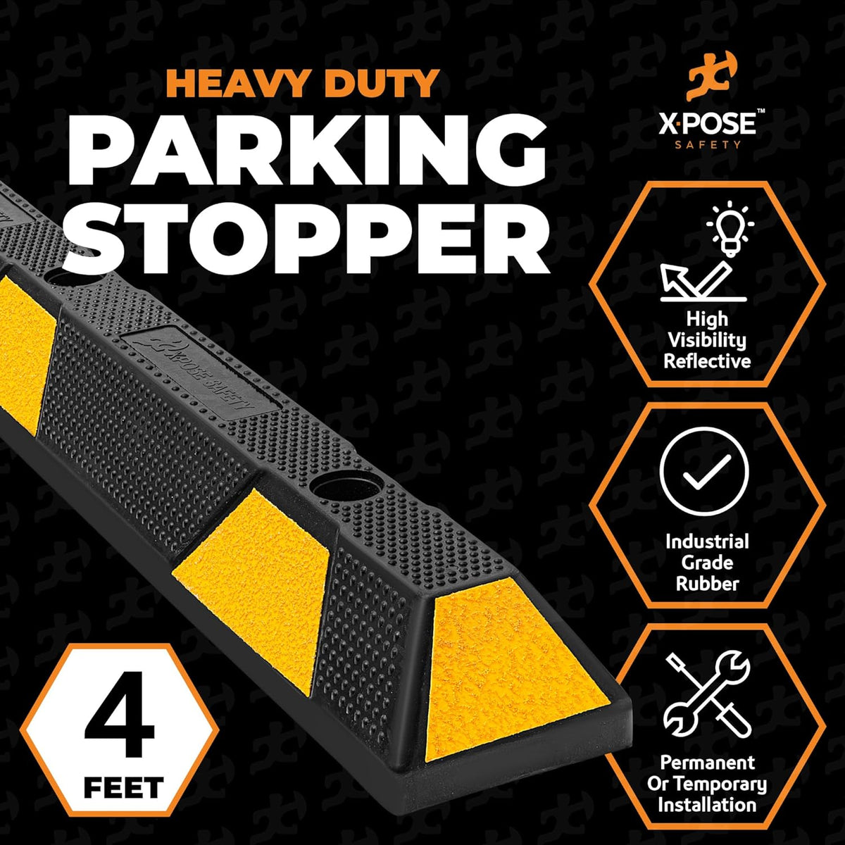 Xpose Safety 48" Heavy Duty Rubber Parking Stopper – 1 Pack Wheel Blocks for Garage, Driveway, or Ramp – Car Bumper Stop with Yellow Reflective Strips – Removable Floor Mount