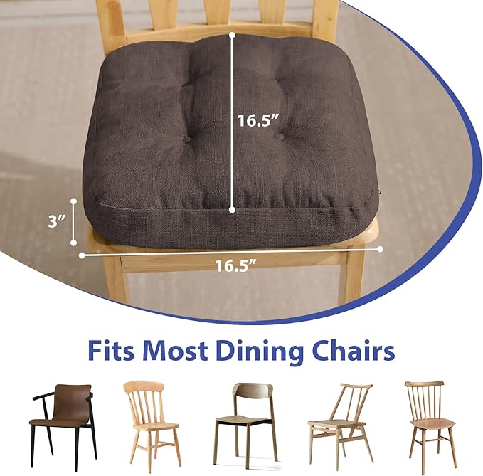 Chair Cushions for Dining Chairs, Dining Chair Cushions, Tufted Indoor Chair Pads with Ties & Non Slip Backing, Seat Cushions for Kitchen Chairs 16.5” x 16.5” x 3.5”, Set of 6, Brown