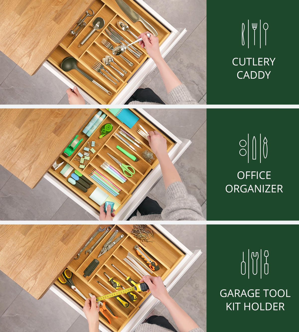 ROYAL CRAFT WOOD Luxury Bamboo Kitchen Drawer Organizer for Kitchen Organization - Silverware Organizer, Utensil Holder & Cutlery Tray Drawer Dividers for Flatware Silverware Storage, 9 Slot, Natural