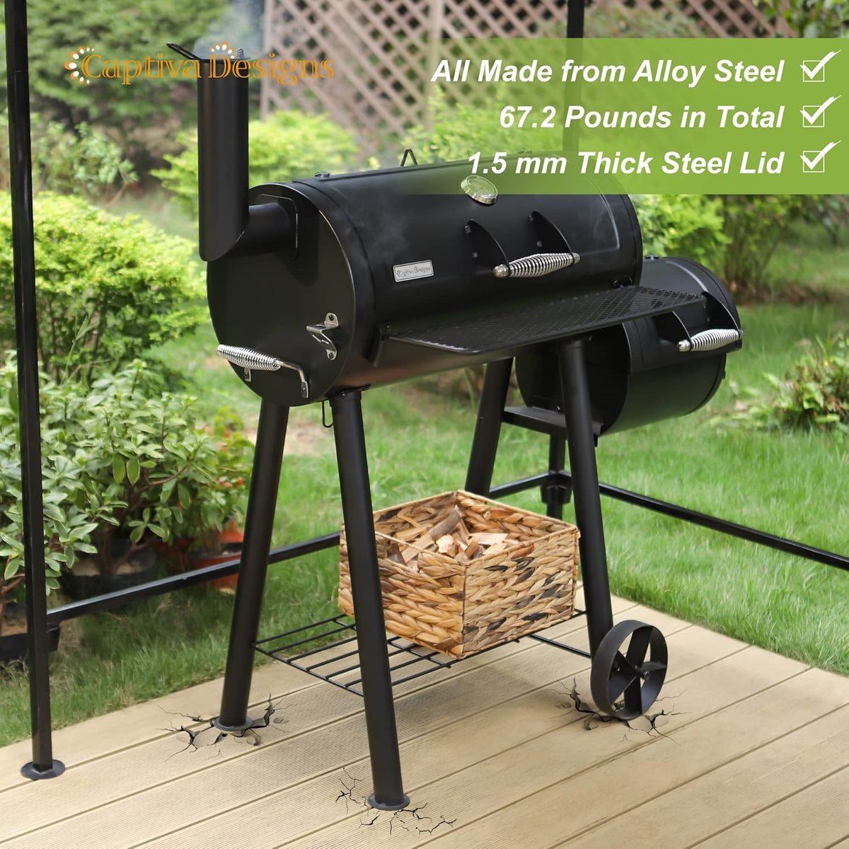 Captiva Designs Charcoal Grill with Offset Smoker, All Metal Steel Made Outdoor Smoker, 512 sq.in Cooking Area, Best Combo for Outdoor Garden Patio and Backyard Cooking