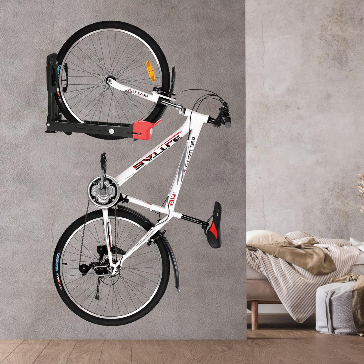 Bike Wall Mount Rack - Heavy-Duty Foldable Vertical Bicycle Storage with Hooks, Space Saving Wall-Mounted Organizer for Mountain/Road/Kids Bikes - Anti-Scratch & Tool-Free Install, Holds 70lbs