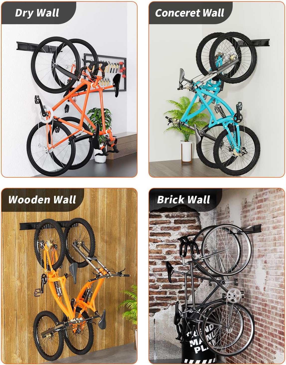 Bike Rack Wall Mount, Bike Hooks for Garage Storage,Vertical Bike Hanger for Indoor Use, Holds Up to 300 lbs, Adjustable Hook System with 4 Hooks and 3 Rails,48 Inches, Black