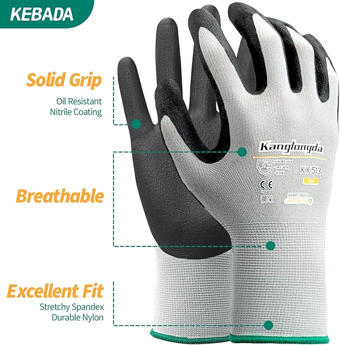 3-Paris XL Work Gloves for Men and Women, Nitrile Coated Safety Protective Gloves with Grip, Ideal for Gardening, Warehouse, Mechanic, Light Duty Construction Work