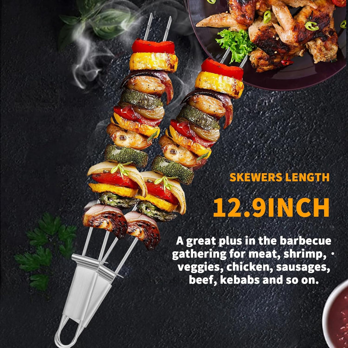 BBQ Skewers,Premium 304 Stainless Steel BBQ Skewers,13 Inch Heavy Duty Metal Kabob Sticks for Grilling, Reusable & Dishwasher Safe (Double fork8)