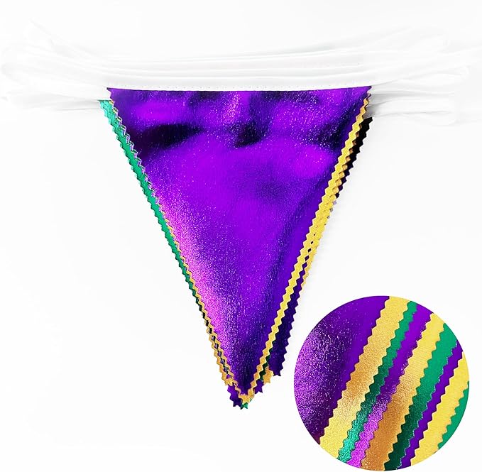 Mardi Gras Party Decorations Purple Green and Gold Metallic Fabric Triangle Pennant Banner Flag Hanging Bunting Garland for Birthday Wedding Baby Shower Bridal Shower Holiday Masquerade Party Supplies