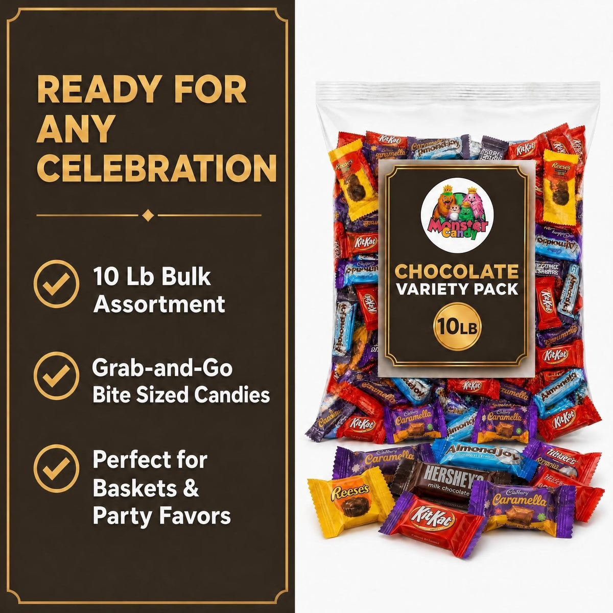 Monster Candy Bulk Chocolate Variety Pack - 10 Lb Individually Wrapped Candy Assortment for Basket Stuffers, Celebration & Party - July 4th