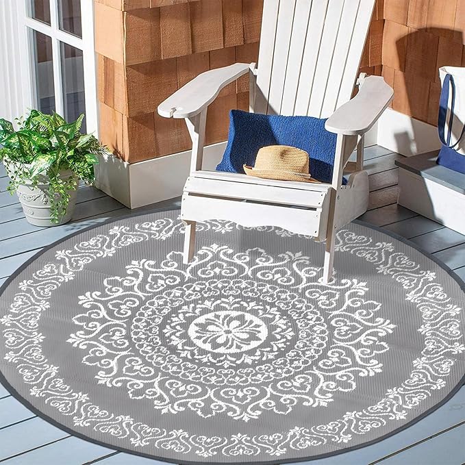 Pauwer Waterproof Outdoor Rug 6ft, Reversible Plastic Straw Patio Camping Rug, Indoor Outdoor RV Mat Carpet for Deck, Camper, Porch, Balcony, Backyard, Picnic, Floral Grey