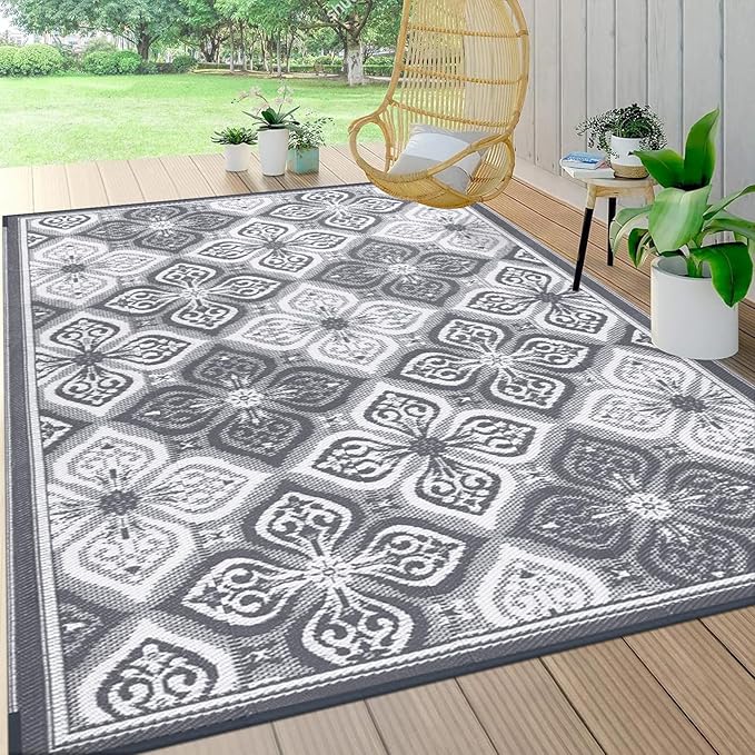 Pauwer Reversible Outdoor Rug, 6'x9', Waterproof, Polypropylene, Clover Grey, Area Rug for Patio, RV, Camping, Picnic, Backyard, Deck, Balcony, Porch