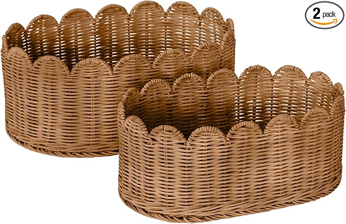 BEBE BASK Premium Scalloped Basket Set Of 2 - Scallop Basket - 16 x 10 x 7 Inch - Hand-Woven Elegant Wicker With Scalloped Edge - Nursery Storage (Mocca)