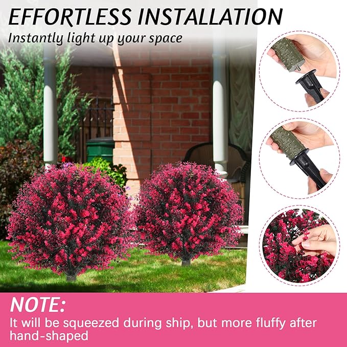 Yunlly 6 Pcs 18 Inch Artificial Boxwood Ball Topiary Tree Fake Outdoor Plants Bush, UV Resistance Faux Shrubs with Spike Realistic Greenery Potted for Indoor Garden Yard Porch Patio Decor (Rose Red)