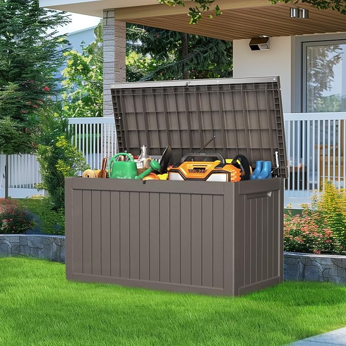 230 Gallon Resin Deck Box, Lockable Patio Outdoor Storage Box for Furniture, Garden Tools and Tools Storage, Waterproof Outside Storage Boxes - Grey