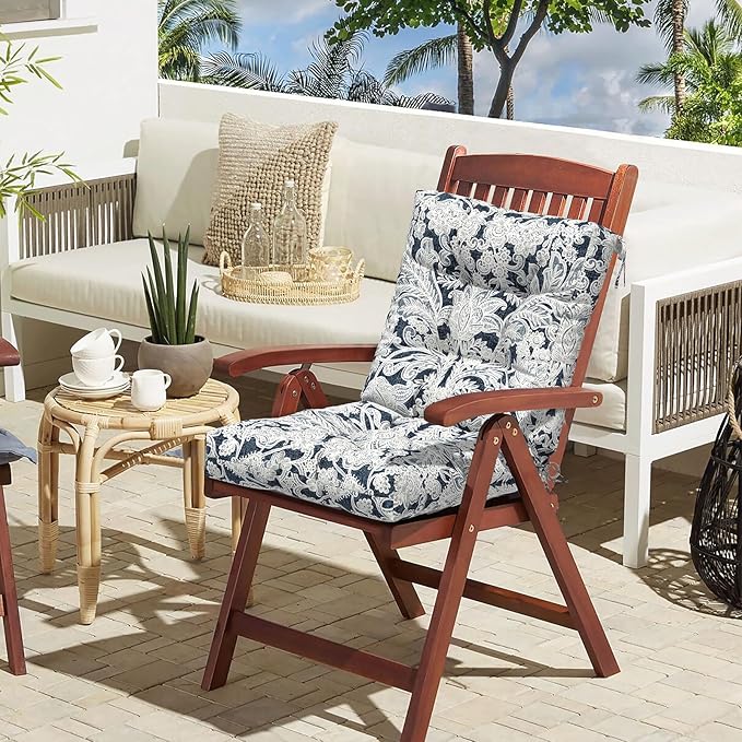 LVTXIII Outdoor Low Back Chair Cushions, Seasonal Replacement Adirondack Chair Cushion with Ties, Patio Waterproof Seat Cushions for Home Garden Use, 21 W x 21 D, Set of 2, Damask Lapis