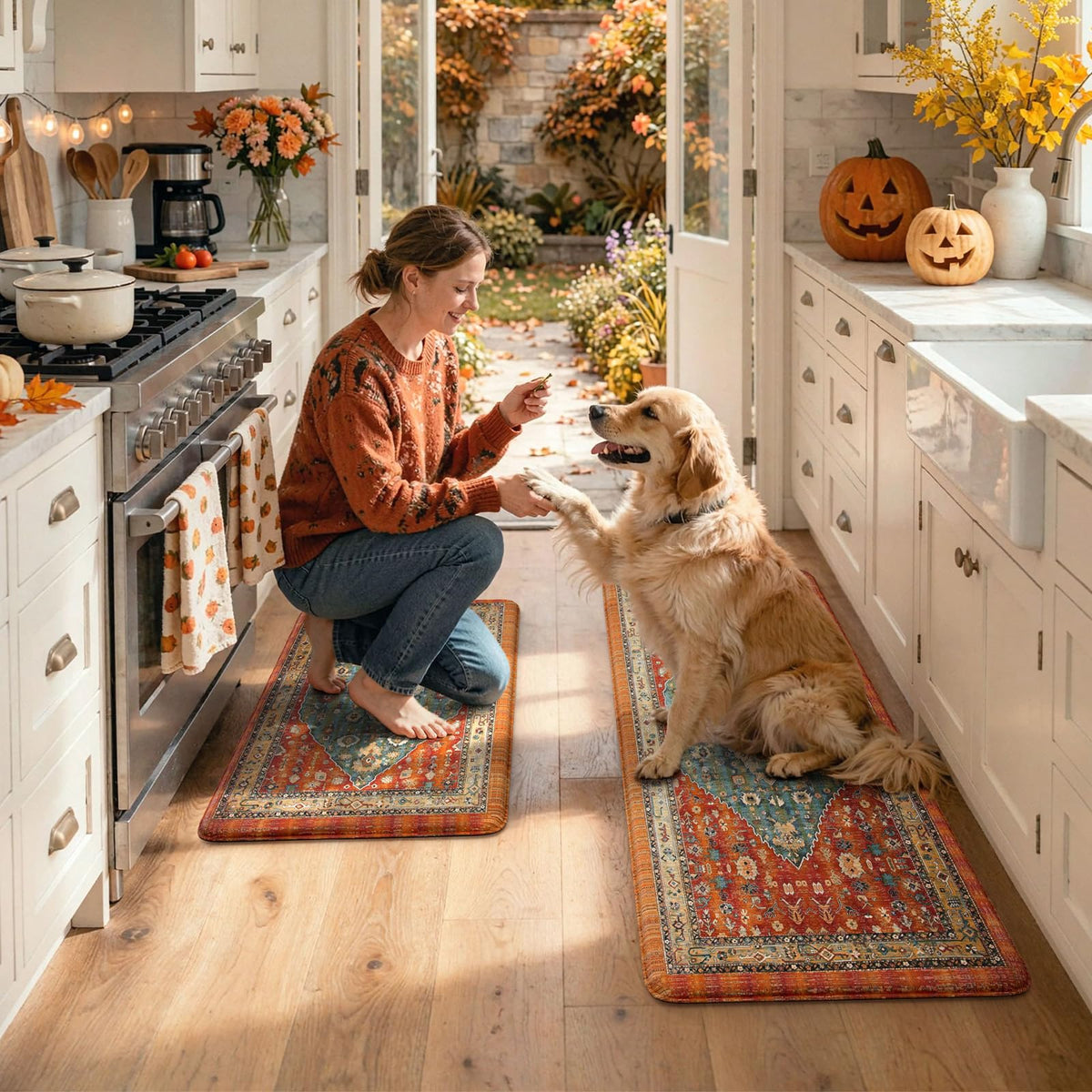 Collive Boho Kitchen Rugs Sets of 2 Fall Kitchen Mats for Floor Waterproof