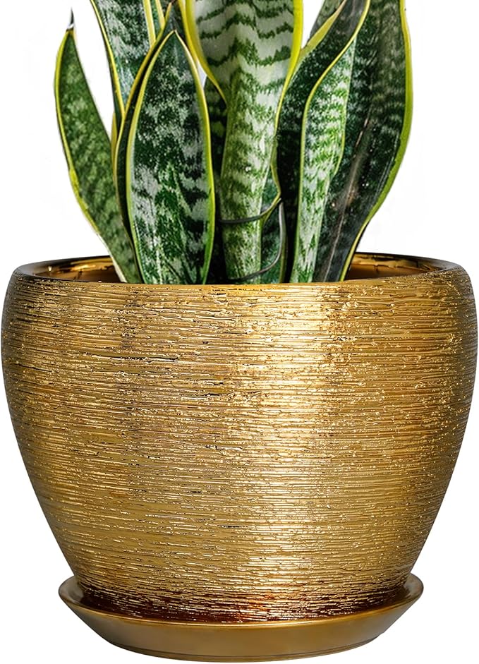 Ceramic Plant Pot 8 Inch - Planter for Outdoor Plants Indoor Plant Pot with Drainage Hole and Saucer Decorative Round Planter Modern Flower Pot for House Decor Gold