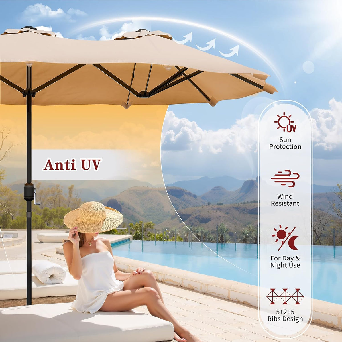 Vongrasig 15FT Large Patio Umbrella with Base Included, Outdoor Double sided Umbrellas with Crank Handle, Rectangle Table Umbrella for Pool Lawn Garden Market