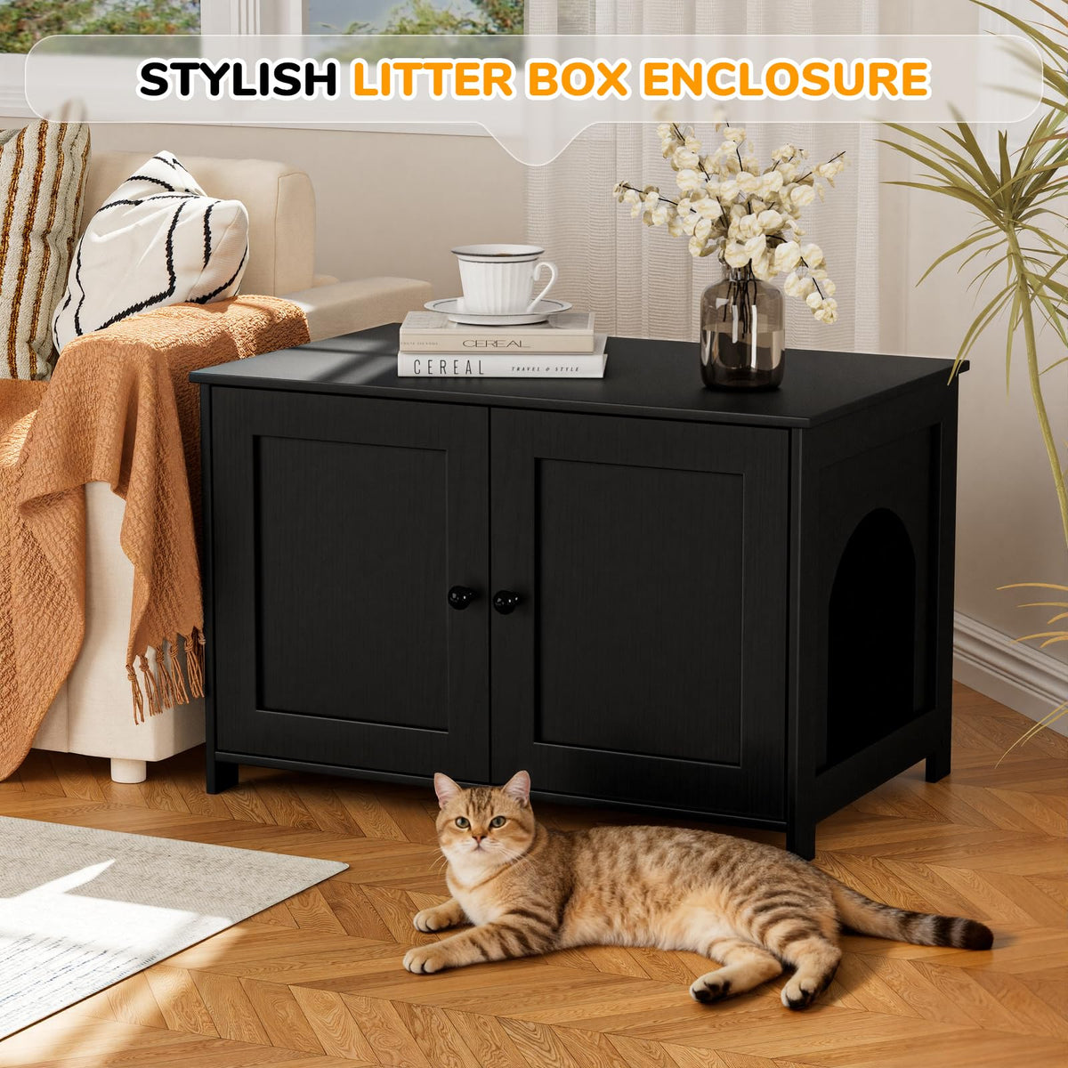 Fecuria Cat Litter Box Enclosure Furniture Dog Proof, Hidden Kitty Washroom Cabinet Low Entry, Wooden Cat Boxes Enclosure Odor Control for Home, Farmhouse Style Decorative TV Stand with Storage, Black
