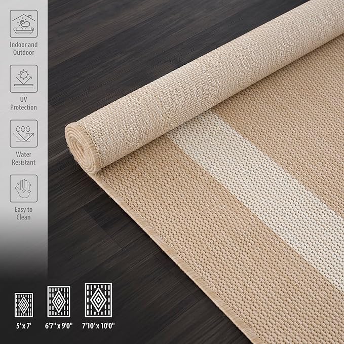 CAMILSON Outdoor Rug 8x10, Modern Outside Rugs for Patios Porches Waterproof Durable Washable Non-Shedding, Easy-to-Clean Indoor Outdoor Area Carpet (8 x 10, Bordered - Beige/White)