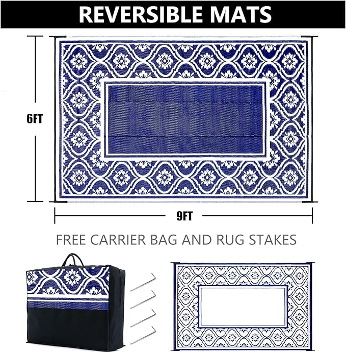 Plastic Outdoor Rug 6'x9' Waterproof Camping Carpet Outside Area Rug Reversible Light Blue Rugs for RV Deck Entryance Porch Picnic Balcony Beach