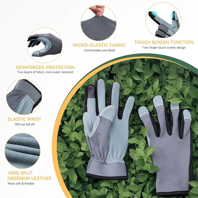 OZERO Women Leather Work Gloves: Touch Screen | Deerskin Garden Gloves with Grip | Ideal for Yard Work, Daily Tasks, Driving