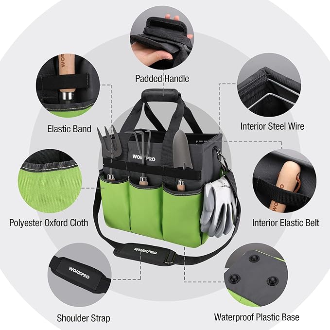 WORKPRO Garden Tool Bag Organizer, Heavy Duty Gardening Tote Bag with 10 Pockets and Long Adjustable Shoulder Strap, Standable Garden Home Tool Kits Organizer, Green