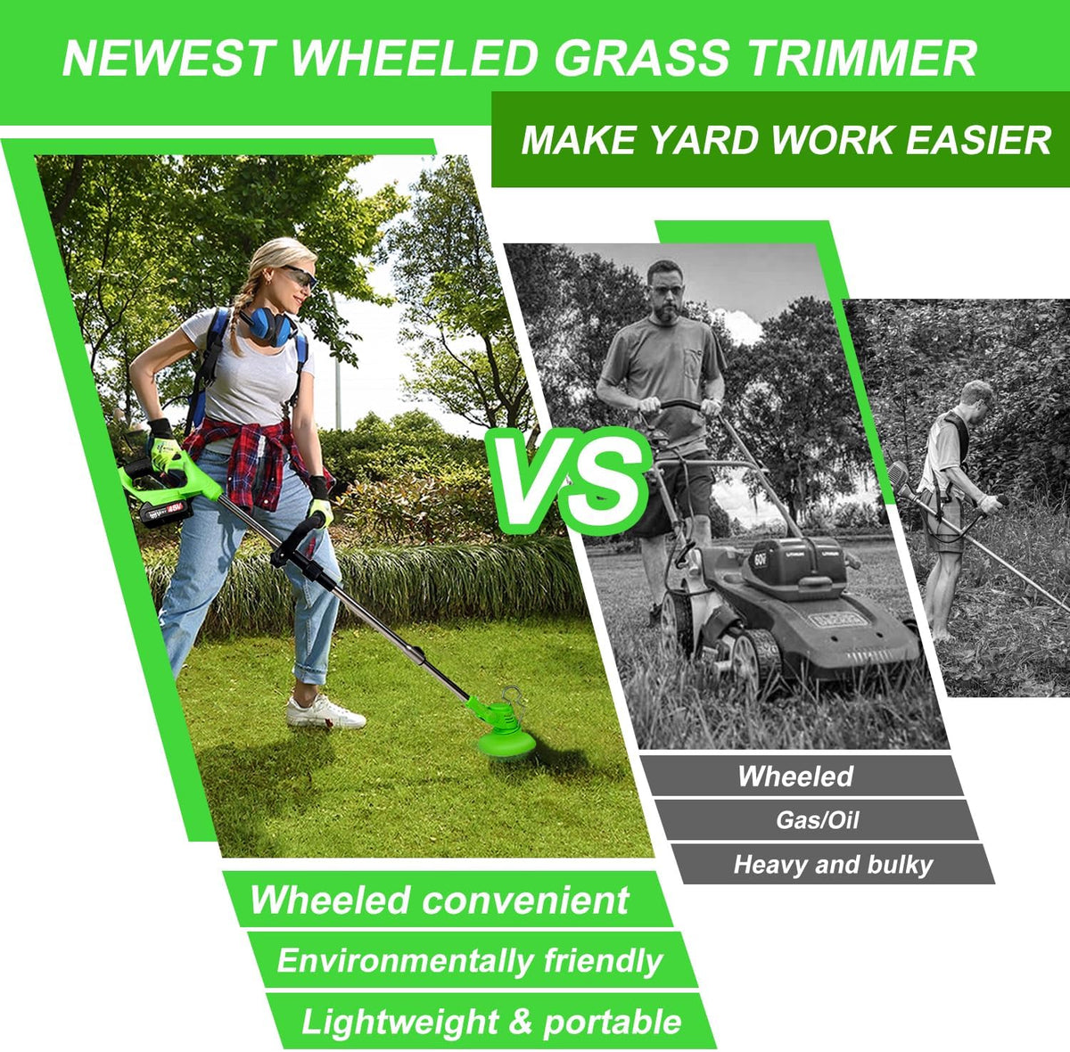 Electric Weed Wacker Cordless Eater 2 Battery,Foldable and Lightweight Grass Trimmer/Brush Cutter,5 Types Blade&Wheels 21V 4.0Ah Battery (2 Pieces) Powered for Garden and Yard (Foldable)