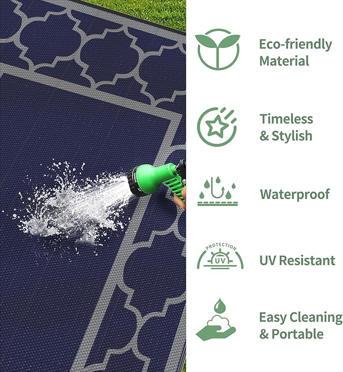 GENIMO 6' x 9' Outdoor Rug Waterproof for Patio Decor, Foldable Reversible Plastic Straw Area Rugs Mat for Camper, Outside Carpet for Rv, Deck, Porch, Picnic, Beach, Balcony, Blue & Grey