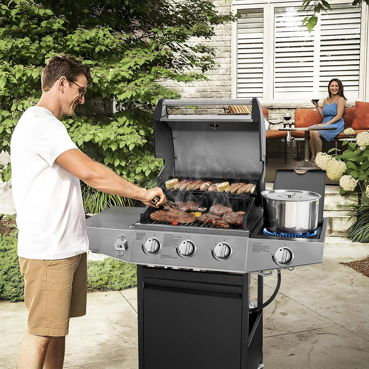 3 Burners Gas Grill with Side Burner, Propane Grill with Wheels and Storage, Outdoor Gas BBQ with Oil Tray and Thermometer for Patio and Party, 37000 BTU