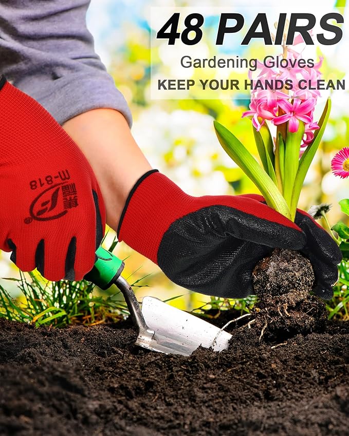 Nuogo 48 Pairs Gardening Gloves for Men Women Rubber Coated Safety Work Gloves Bulk for Gardening Construction Work